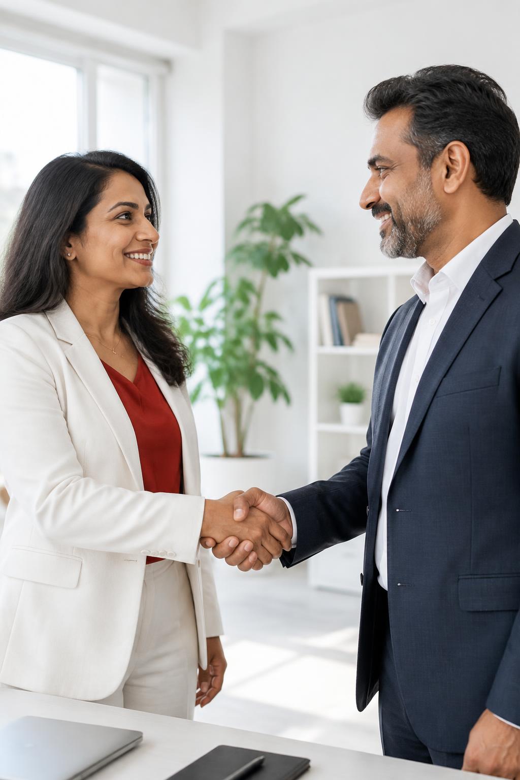 Illustrative business owners sharing a handshake that represents earned trust